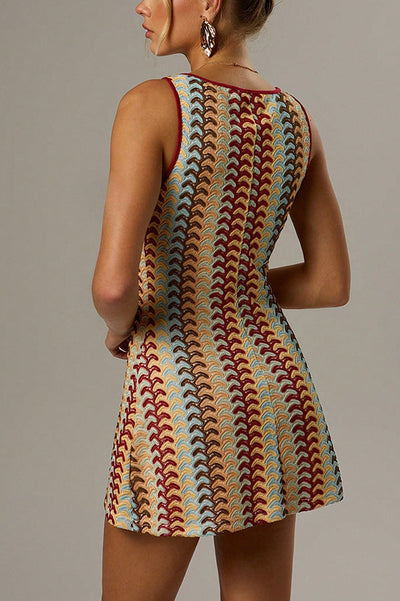 Robe Mini Sans Manches Col Rond à Zigzag Coloré
