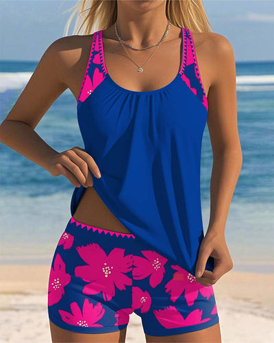 Tankini Décolleté En U Sans Manches Imprimé Boxer