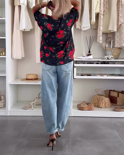 T-Shirt Col Rond Imprimé Florale Manches Courtes