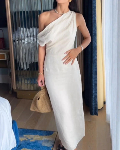 Robe tendance en coton et lin à épaules inclinées