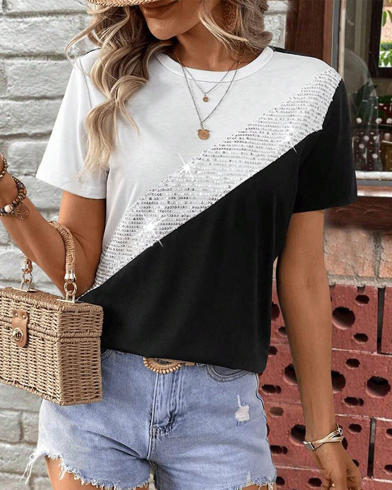 T-Shirt Col Rond Couleur Contrastée Polyvalent