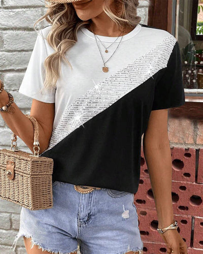 T-Shirt Col Rond Couleur Contrastée Polyvalent