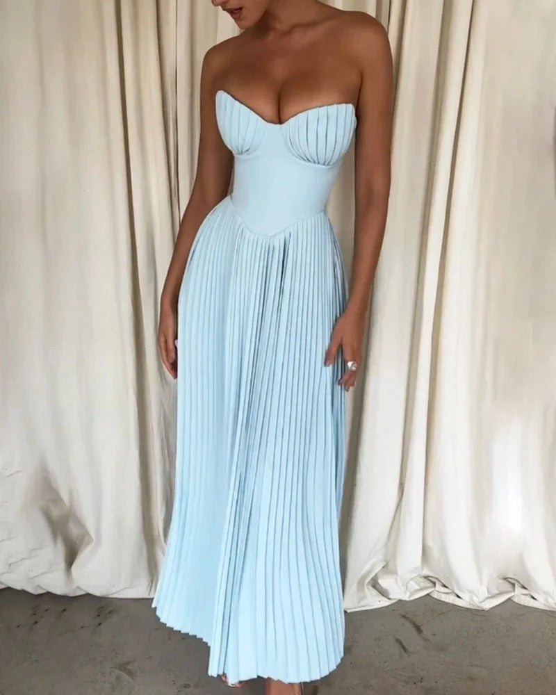 Robe plissée élégante sans bretelles de couleur unie