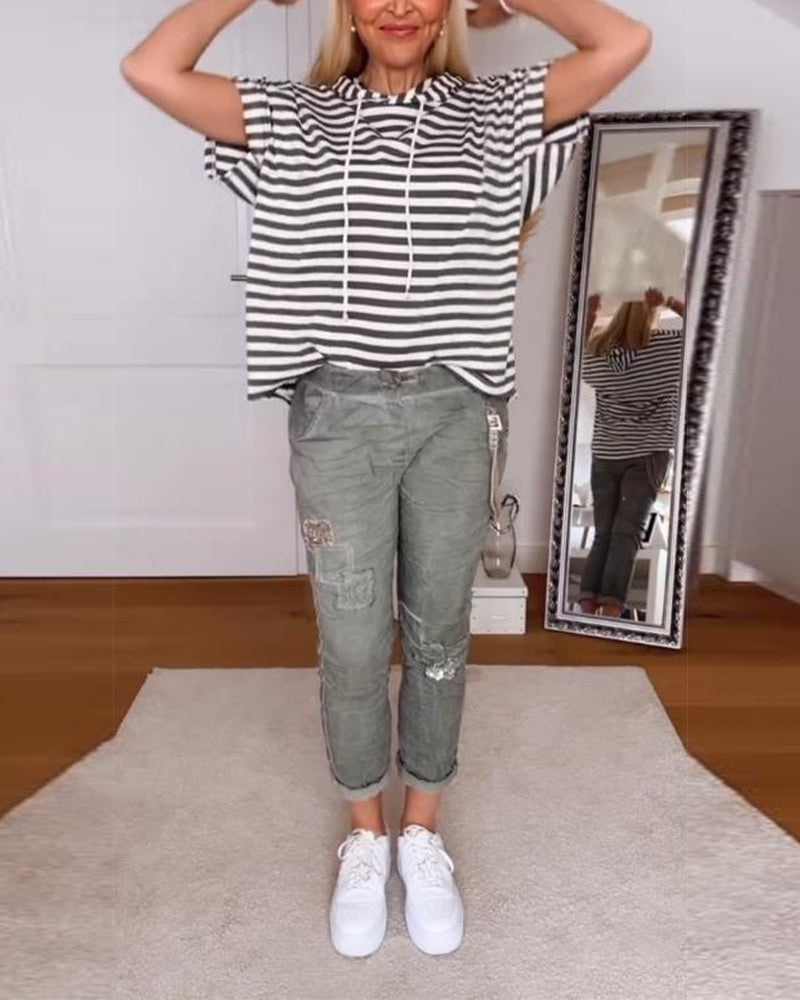 T-Shirt À Capuche Décontracté Rayé