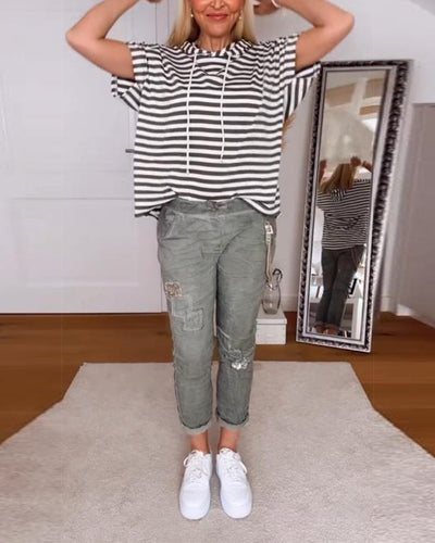 T-Shirt À Capuche Décontracté Rayé