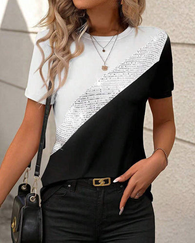 T-Shirt Col Rond Couleur Contrastée Polyvalent