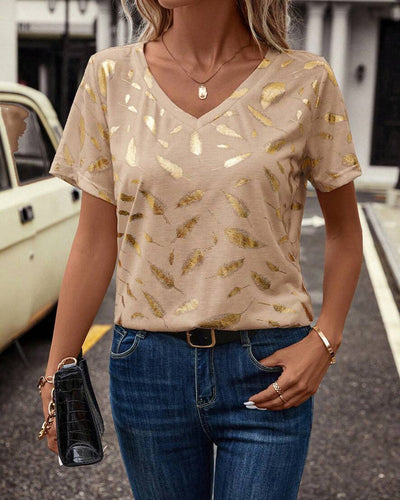 T-Shirt Col V Imprimé Feuilles Décontracté