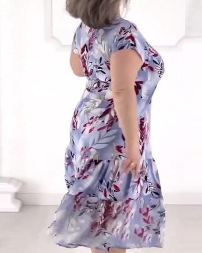 Robe Manches Courtes Col En V Imprimée Élégante