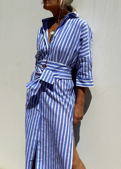 Sophie Paris® | Robe chemise longue d'été à rayures et manches mi-longues