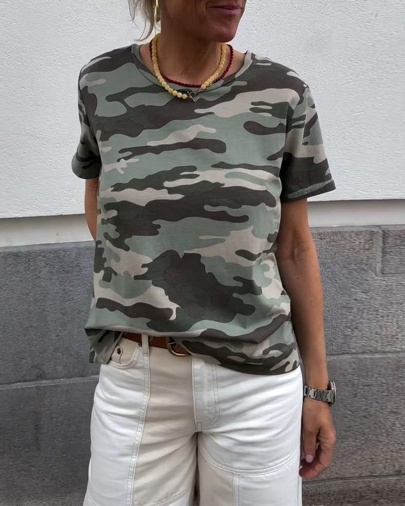 T-Shirt Imprimé Camouflage Manches Courtes