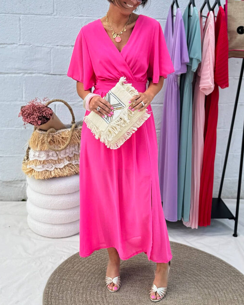 Robe Unie À Col En V Et Taille En Chiffon