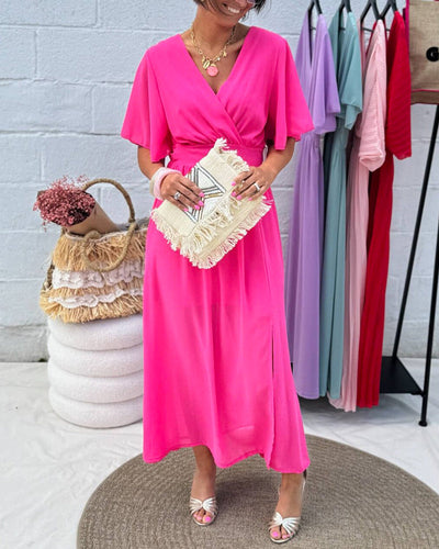 Robe Unie À Col En V Et Taille En Chiffon