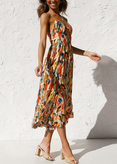 Sophie Paris® | Robe sans manches à bretelles spaghetti en coton orange à volants