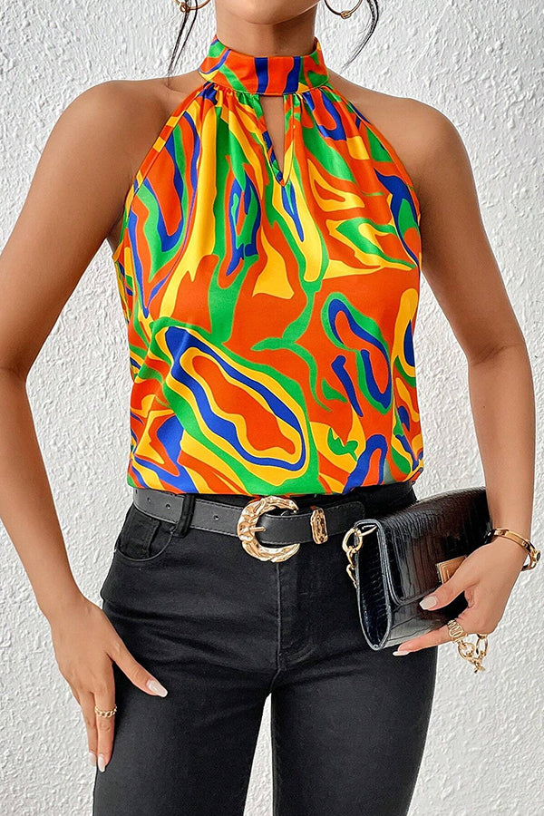 Top imprimé décontracté sans manches à col rond