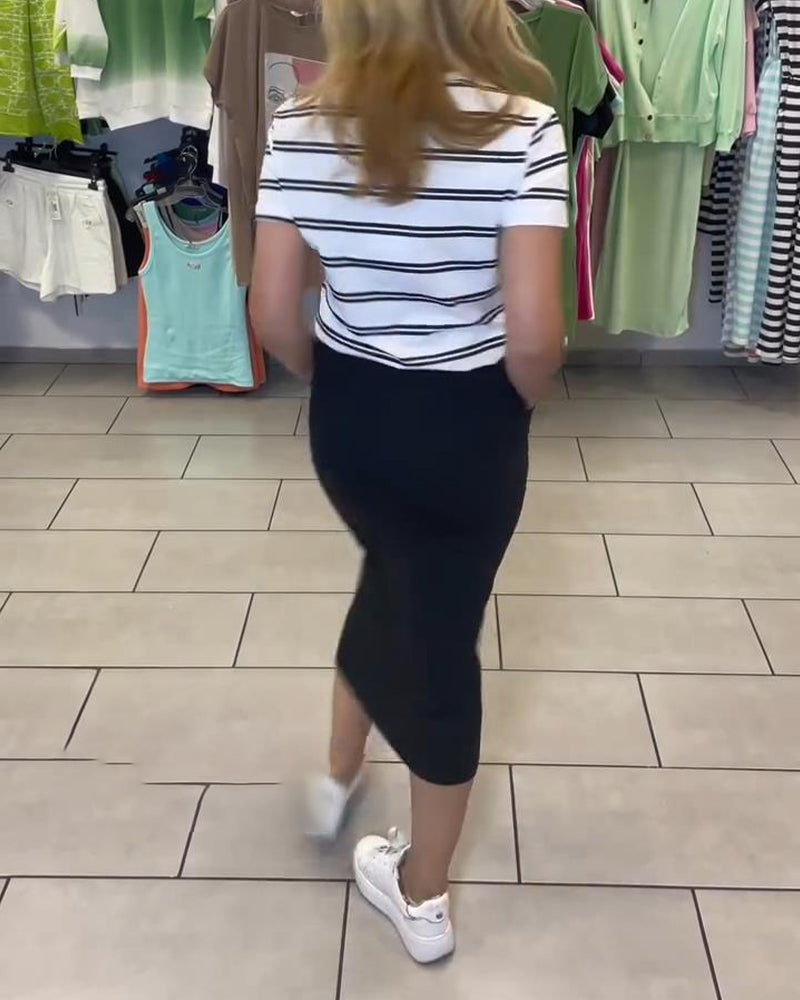 Set Col Rond Rayé Jupe Fendue