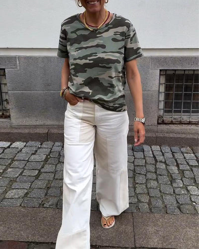 T-Shirt Imprimé Camouflage Manches Courtes