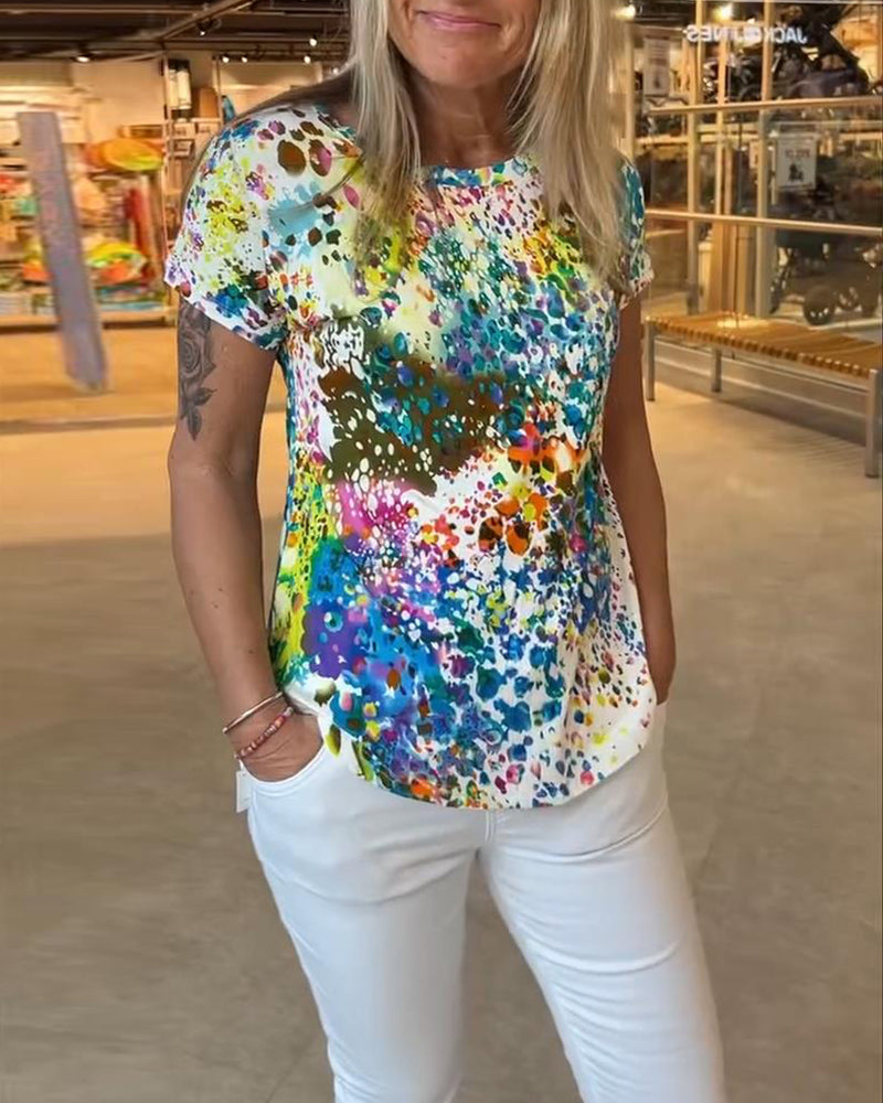 T-Shirt Coloré Fleuri Col Rond