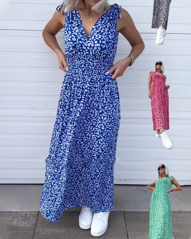 Robe Sans Manches Taille Fleurie Longue