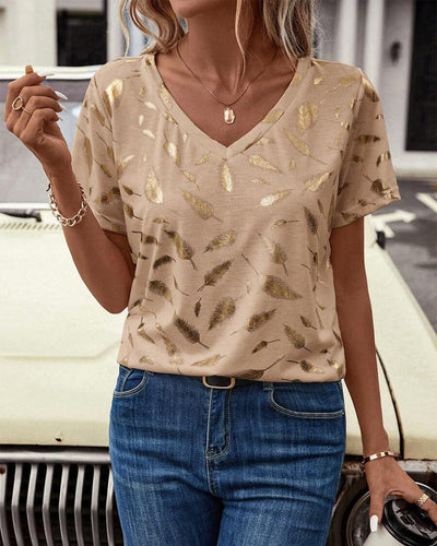 T-Shirt Col V Imprimé Feuilles Décontracté