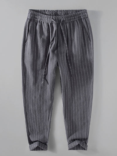 Striped Linen Cotton Blend Cropped Pants