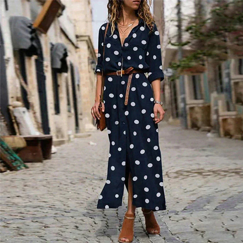 Robe Midi à Pois pour Femme avec Manches Longues et Boutonnage