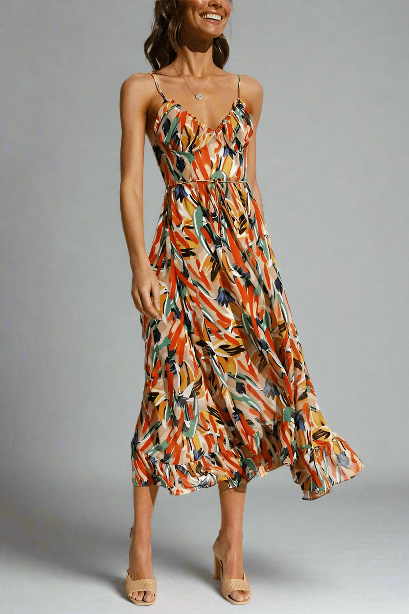 Robe midi à imprimé abstrait avec bretelles spaghetti pour femmes