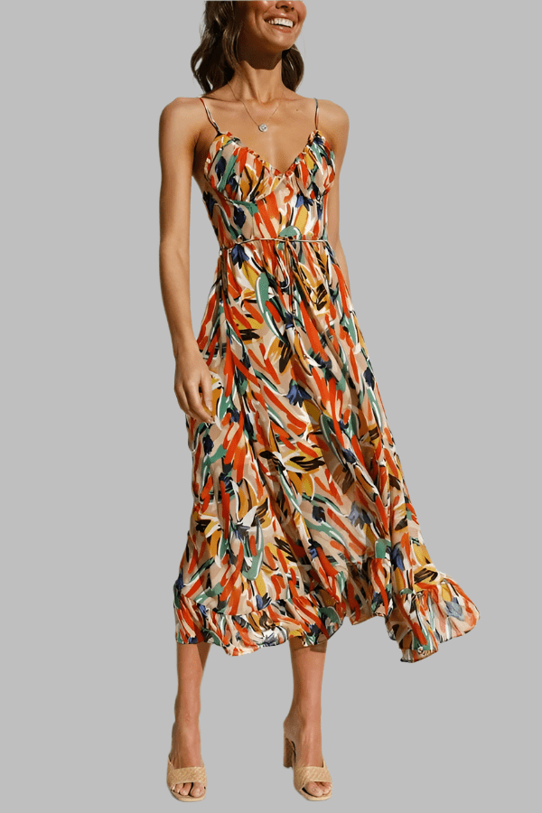 Robe midi à imprimé abstrait avec bretelles spaghetti pour femmes