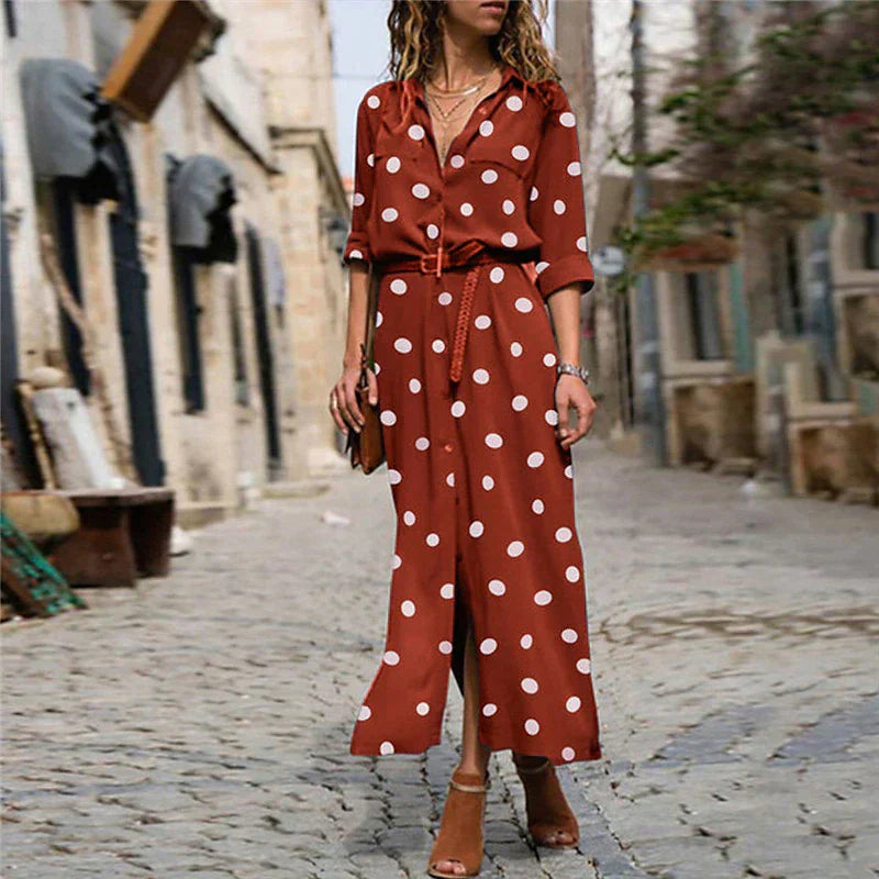 Robe Midi à Pois pour Femme avec Manches Longues et Boutonnage