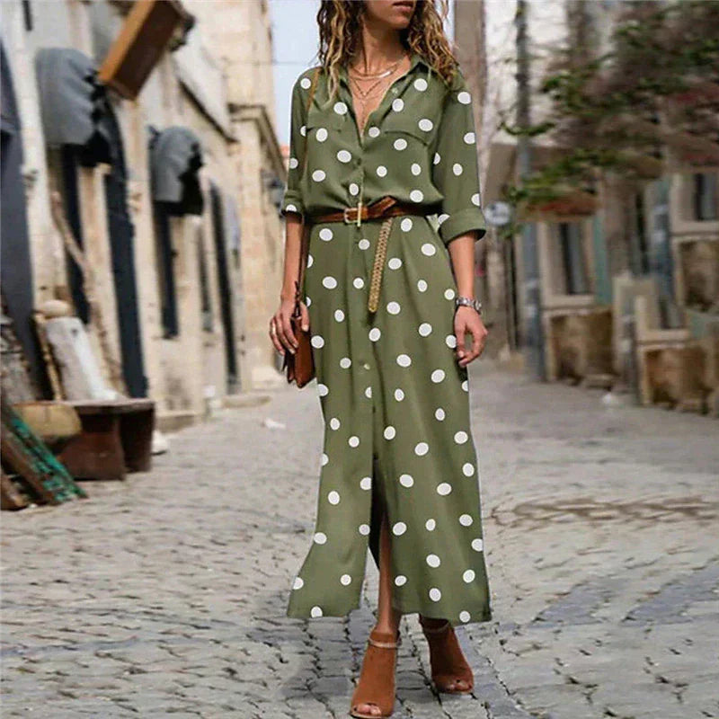 Robe Midi à Pois pour Femme avec Manches Longues et Boutonnage