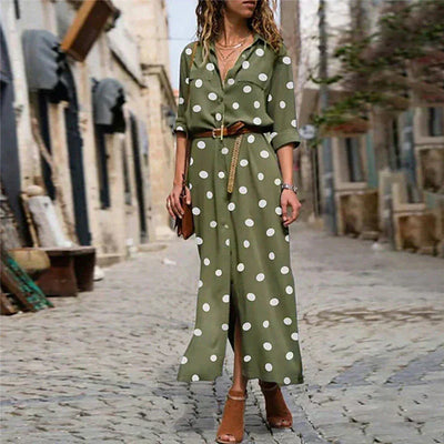 Robe Midi à Pois pour Femme avec Manches Longues et Boutonnage