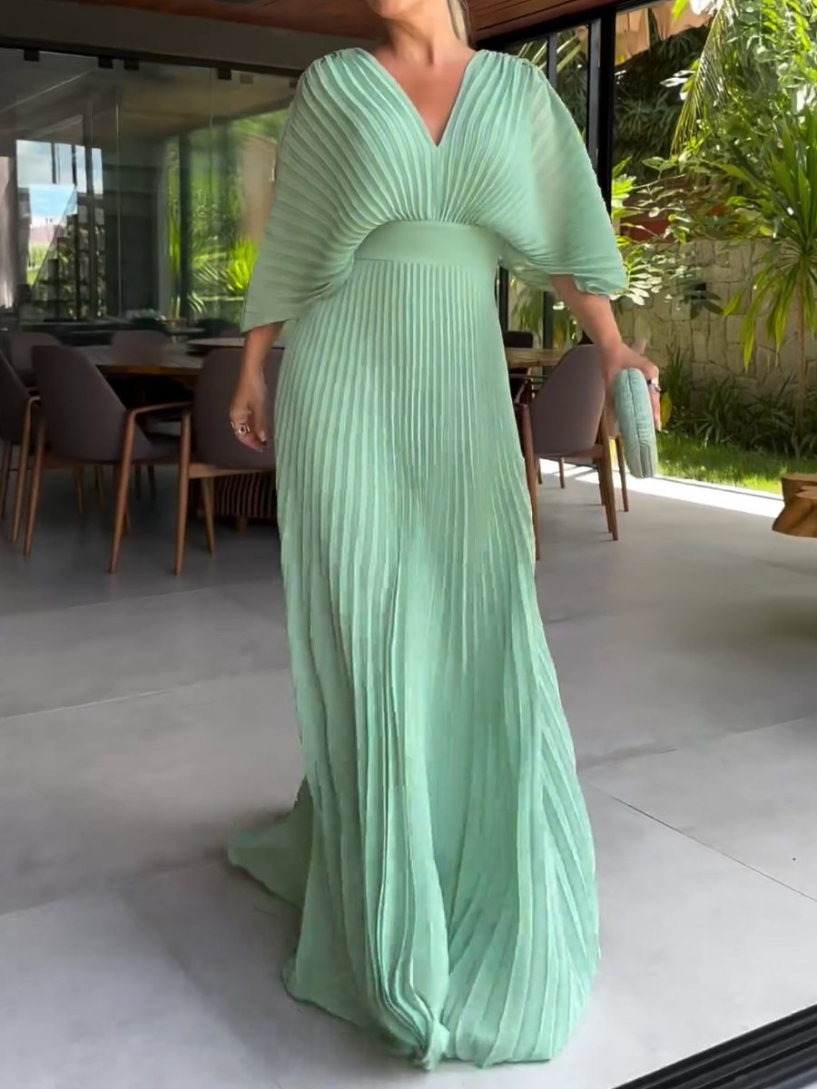 Robe Maxi Femme à Plis et Col en V