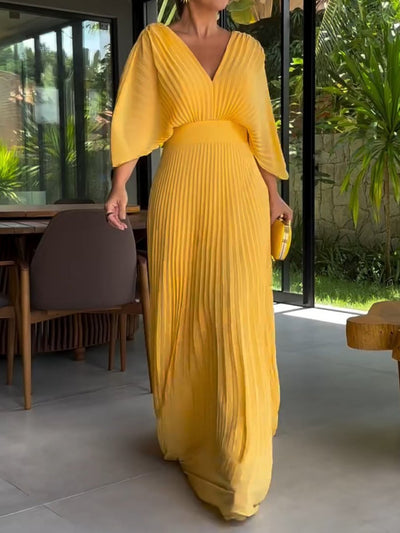 Robe Maxi Femme à Plis et Col en V