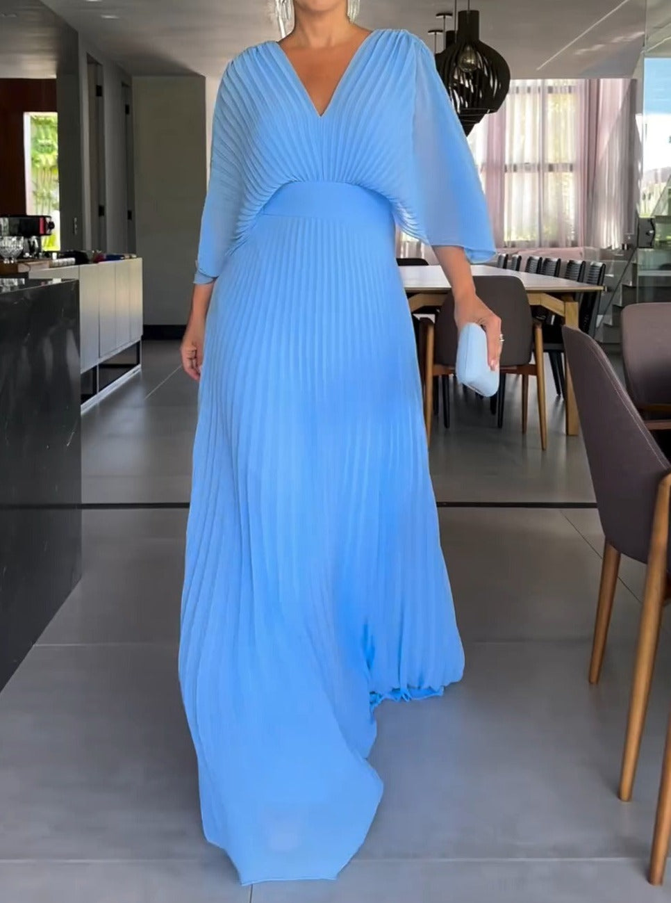 Robe Maxi Femme à Plis et Col en V