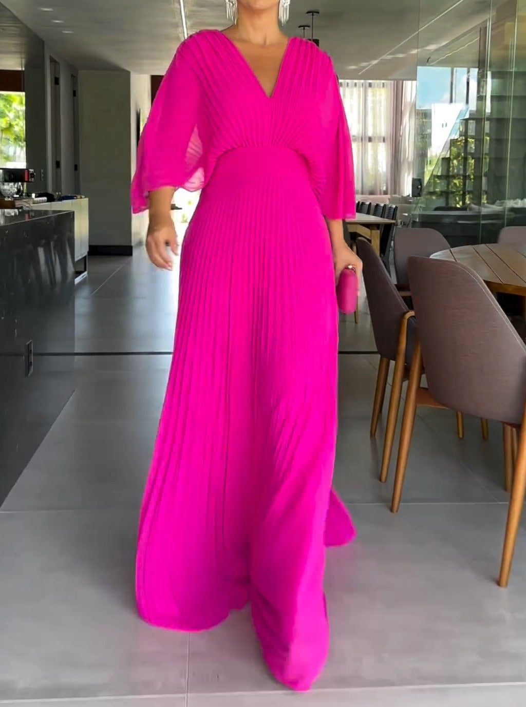 Robe Maxi Femme à Plis et Col en V