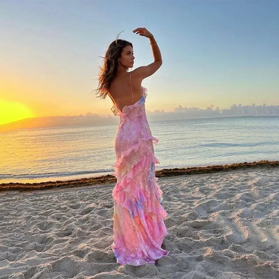 Robe longue pour femme - Bretelles spaghetti - Modèle fluide - Couche sur couche froissée